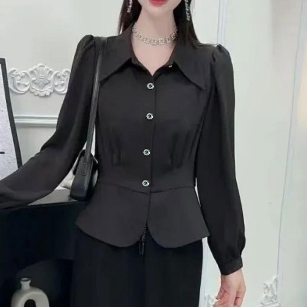 เสื้อชีฟองแขนยาวสีดำสำหรับผู้หญิง สไตล์ย้อนยุค ใส่ได้หลายโอกาส ในหน้าร้อน