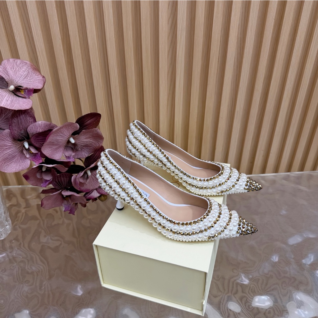 Jimmy Choo225 Autumn Pearl Hot Diamond Pointed Toe รองเท้าส้นสูงอาหารค่ํา