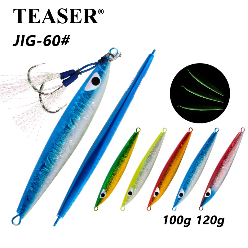 TEASER【J60】Slow โลหะ Jig Fishing Lure 100g 120g Sinking ประดิษฐ์ 3D Eyes Bass ปลาเทราท์เหยื่อเลเซอร์น้ําเค็มฤดูหนาว CB ONE Z4 สไตล์เดียวกัน WIth Assist Hook