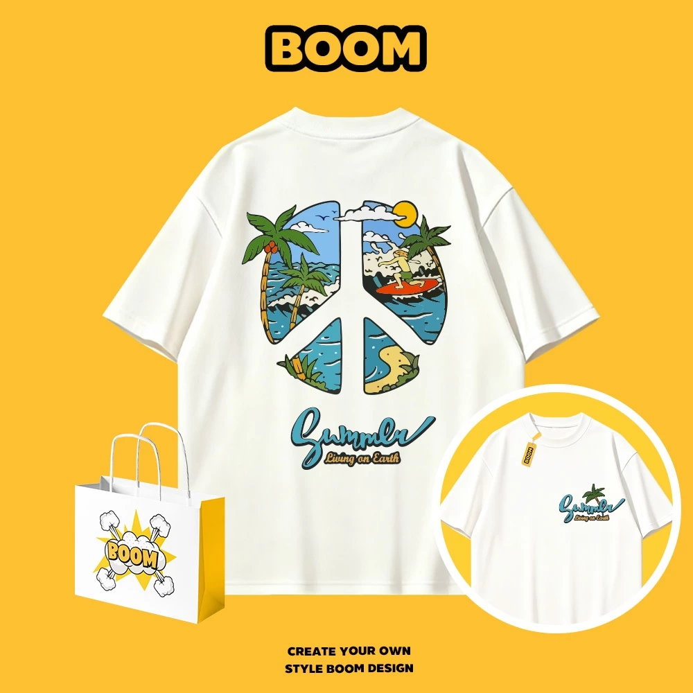 BOOM เสื้อยืดคอกลม ผ้า cotton 100% เสื้อยืดผู้ชาย ลายพิมพ์แฟชั่นทันสมัย Oversize ระบายอากาศดี