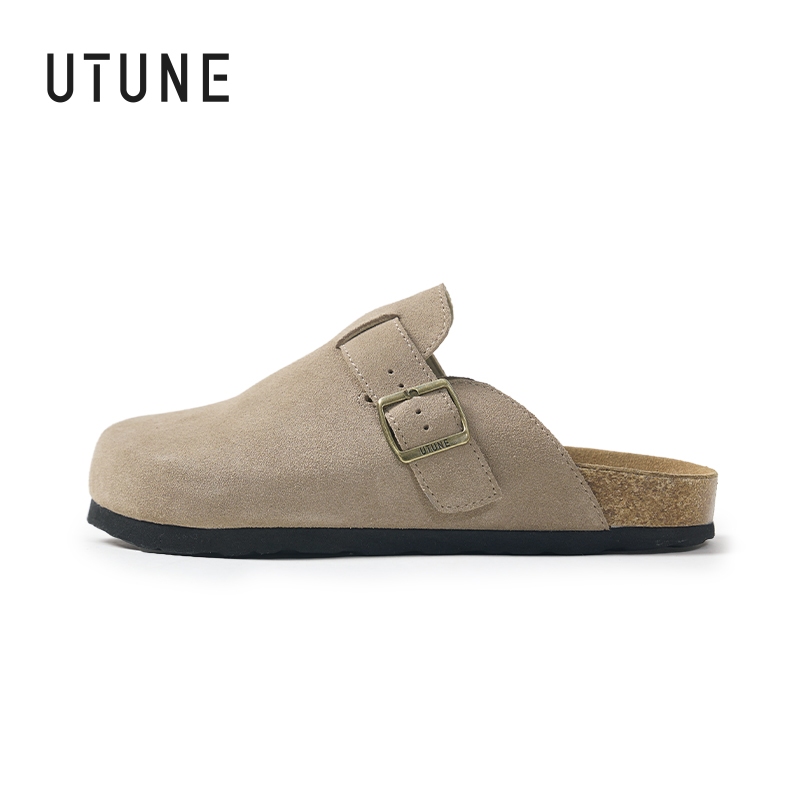 UTUNE รองเท้าบอร์เคนหนังแท้ หน้าผ้าหนังกลับ ปรับสายได้ พื้นกลางไม้คอร์กธรรมชาติ สไตล์วินเทจ แบบสวม หัวปิด ครึ่งรองเท้า