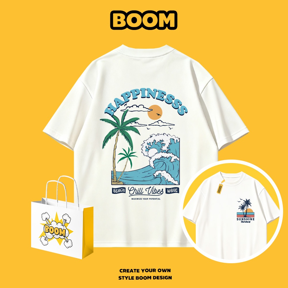 BOOM เสื้อยืดคอกลม ใส่ได้ทั้งชายและหญิง ผลิตจากผ้าคอตตอน 100% Oversize ระบายอากาศดี เหมาะสำหรับเยาวชน