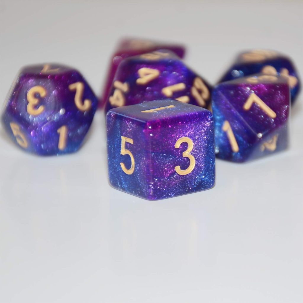 DND ลูกเต๋า 7 ชิ้น, จักรวาลสีม่วงสีฟ้าผสม Polyhedral DND ลูกเต๋าสําหรับลูกเต๋าเกมตาราง RPG MTG