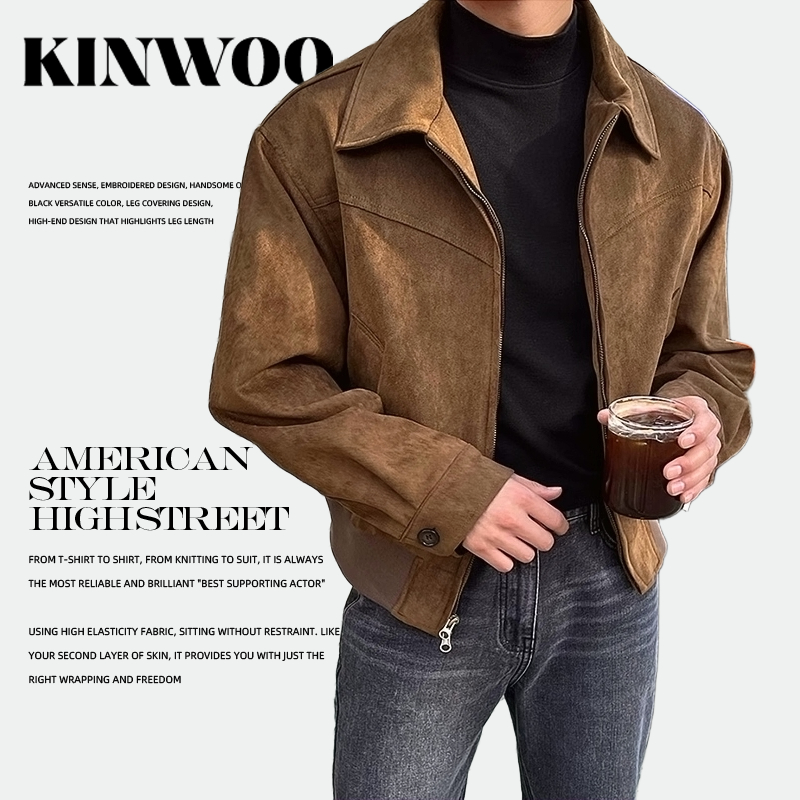 KINWOOเสื้อแจ็คเก็ตหนังกลับ หนังกลับนุ่มพิเศษ ทรงหลวม ซิปปรับได้ ใส่เที่ยวสบาย  โทนโมโนโครม ไม่ออกเดทง่าย