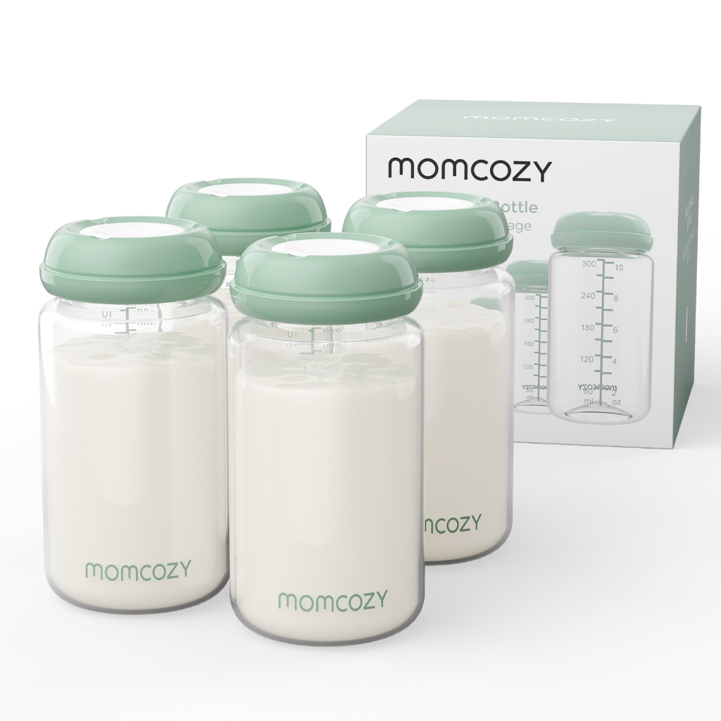 ขวดนมธรรมชาติ Momcozy คอกว้าง BPA Free Breast Milk Container, Storage Collection Bottle สําหรับตู้เย็น & Milk Cooler, Breasting Essential, 10 ออนซ์, 4 ชิ้น