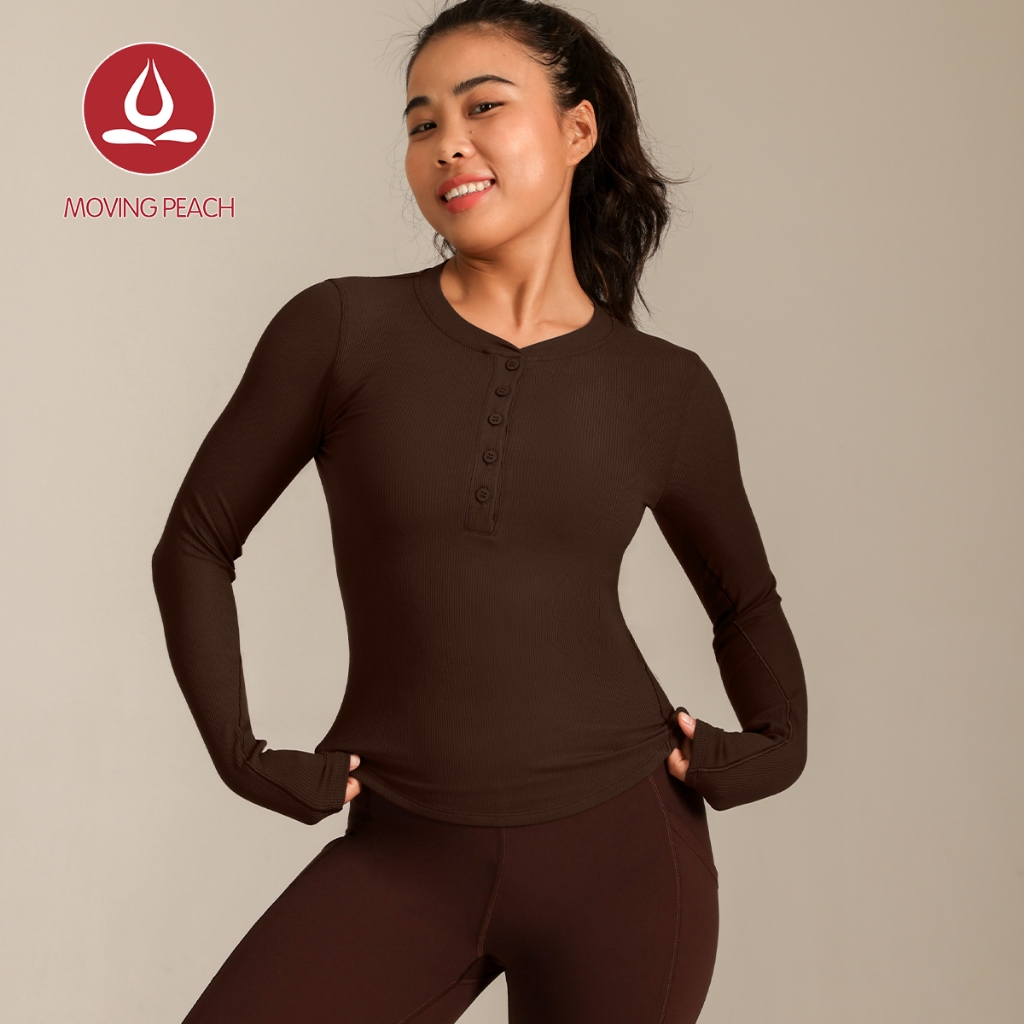 MOVING PEACH ผู้หญิงโยคะ Top Ribbed Modal ผ้า Slim Fit พิลาทิสด้านบนนุ่มปุ่มด้านหน้ากีฬา Longsleeve 