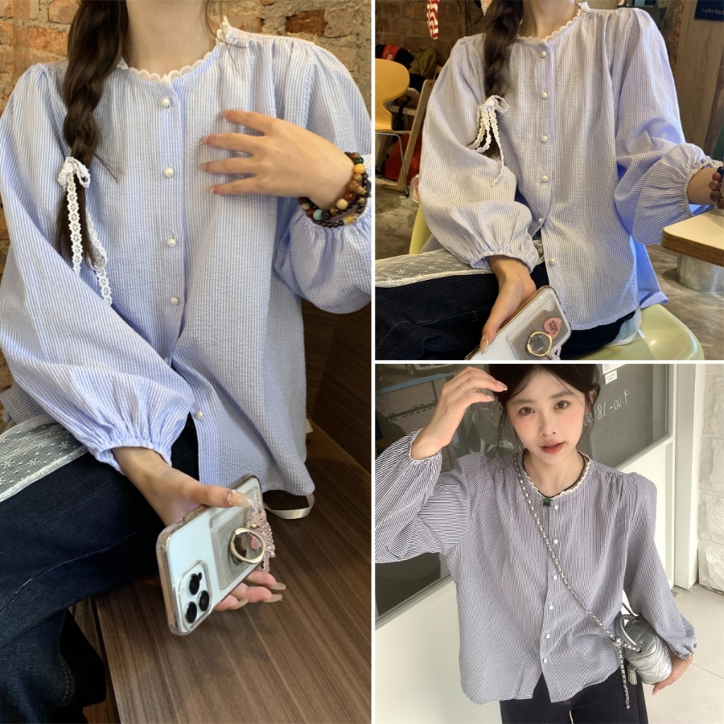 Hotgirl พร้อมส่ง เสื้อเชิ้ตลายทางสีฟ้าสไตล์เกาหลีแฟชั่นสำหรับผู้หญิง กระดุมมุกคอกลม หลวมๆ สบายๆ