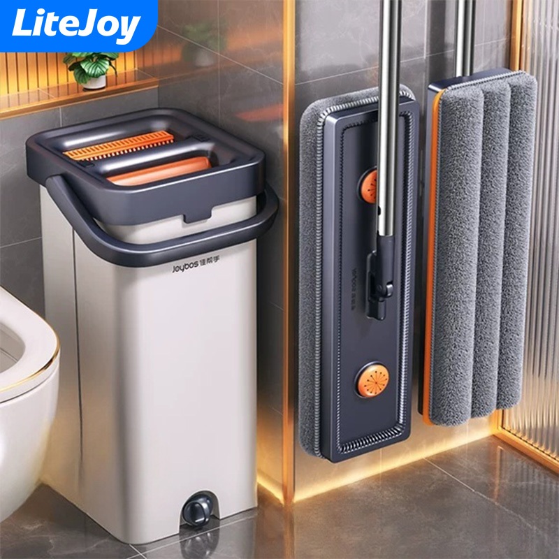 LiteJoy S06 ชุดถังม็อบสี่เหลี่ยม สำหรับม็อบแผ่นเรียบ แยกน้ำสะอาด-น้ำสกปรก หัวหมุน 360° ถังแยกส่วนได้ ฟันยางขูดน้ำแห้งง่าย ไม่ต้องใช้มือบิด แถมฟรี!