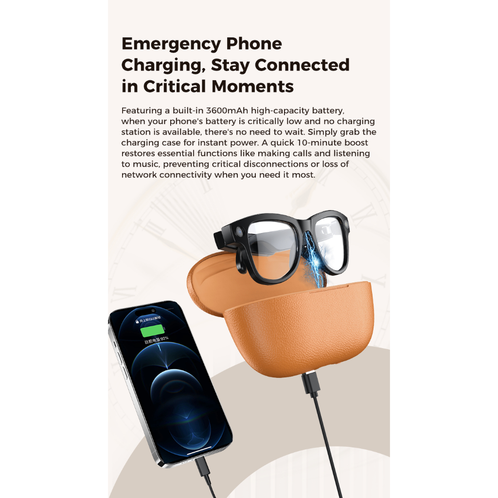 TOP สมาร์ท AI กล้องแว่นตา 800W HD ยิงกล้อง 3600mAh ชาร์จกรณีบทสนทนาแปลความละเอียดสูง BT โทรเพลง Vedio ENC แว่นตาเสียงรบกวน - รูปที่ 2