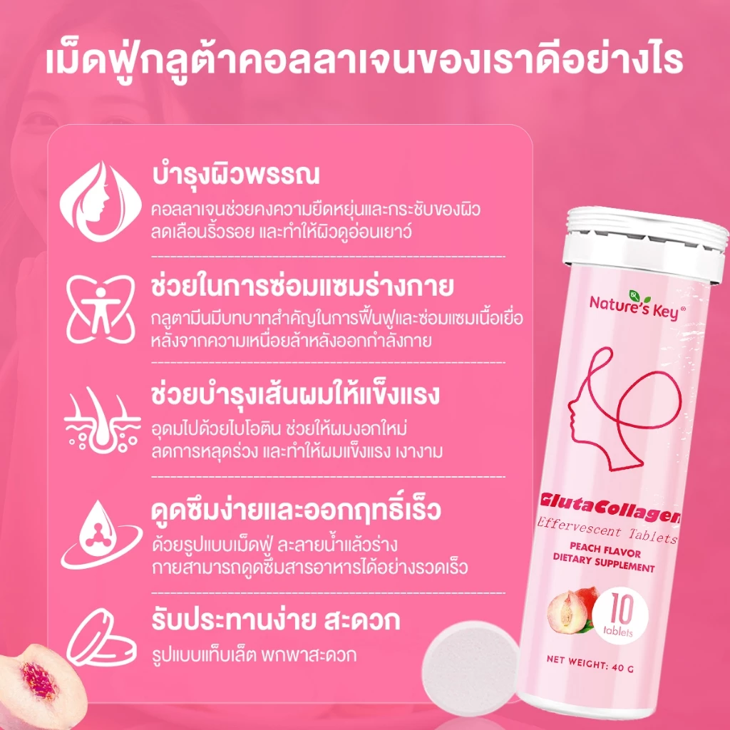 Nature's Key Gluta Collagen คอลลาเจนเม็ดฟู่ รสพีช ผสมกลูต้าไธโอน วิตามินซี มี อย. thumbnail 5