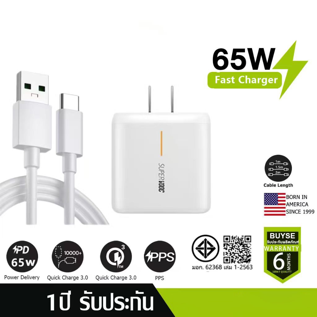 65W สายชาร์จ type c หัวชาร์จ Super Fast Charge 65W Adapter + TypeC Fast Charge หัวชาร์จ (รับประกัน 1
