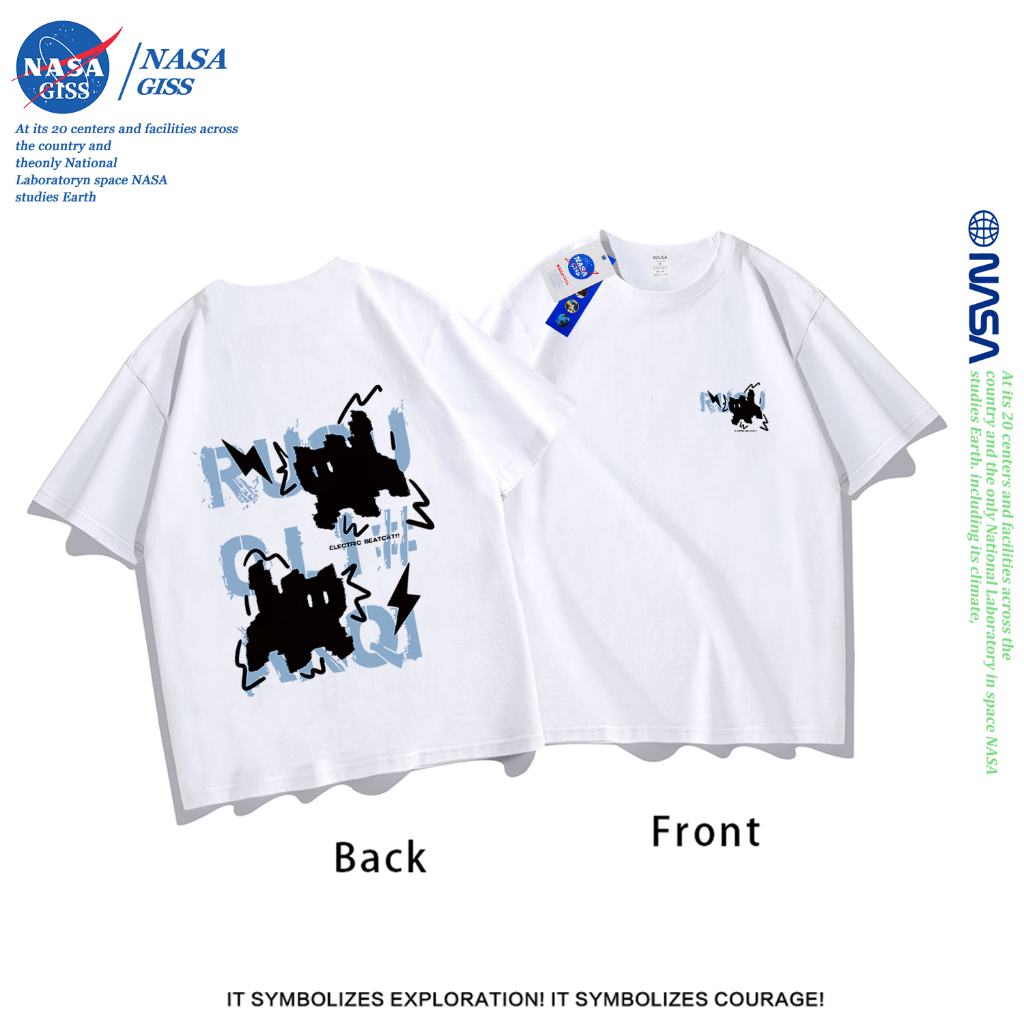 NASA เสื้อยืดชายหญิงแขนสั้น สตรีทฮิปฮอป summer แมวสายฟ้า พิมพ์ลาย คอตตอน คอกลม หลวมและระบายอากาศ