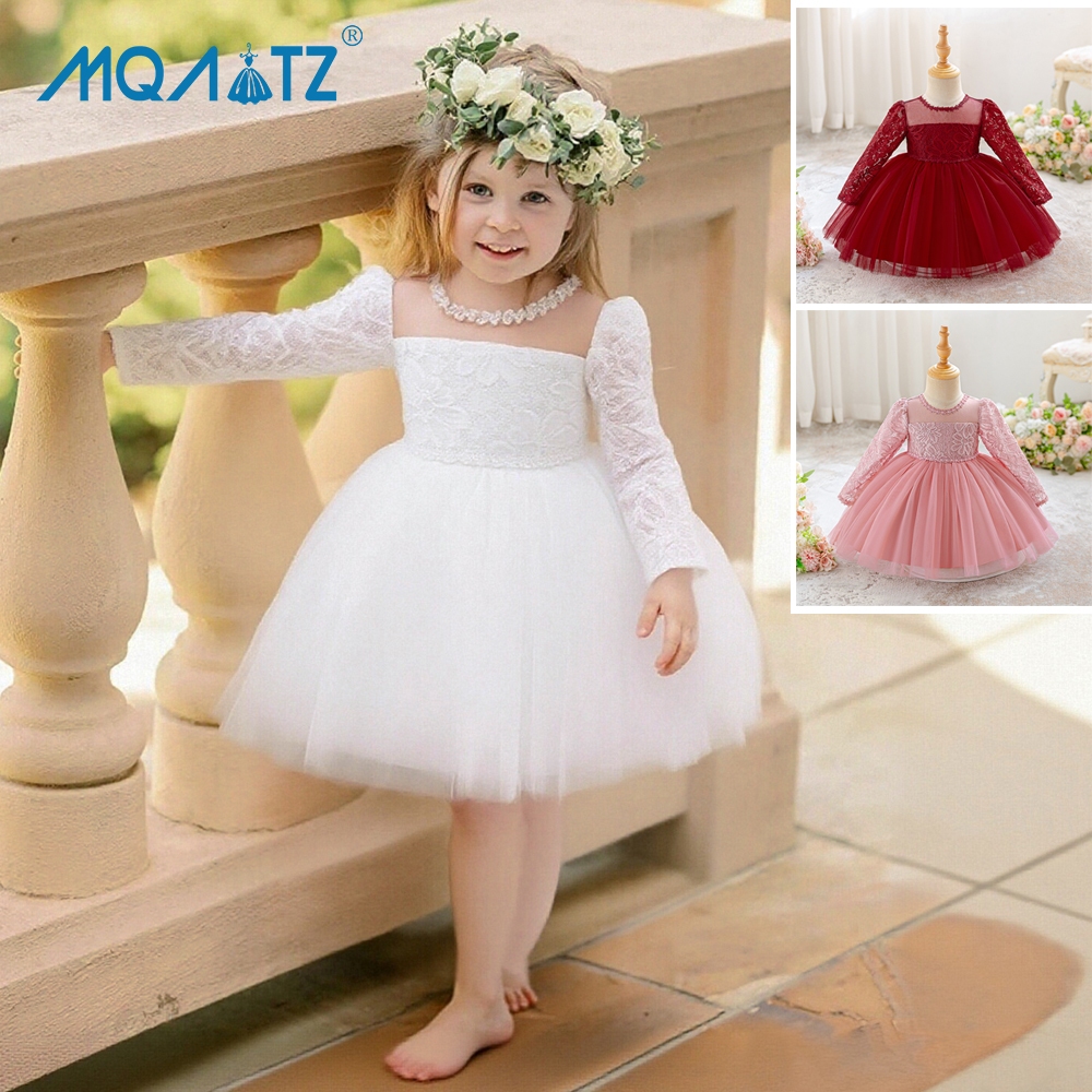 Mqatz แขนยาว 1 ปีชุดเด็กผู้หญิงสําหรับเสื้อผ้าเด็กชุดเจ้าหญิงดอกไม้ Baptism Party ชุดวันเกิด QL001XZ
