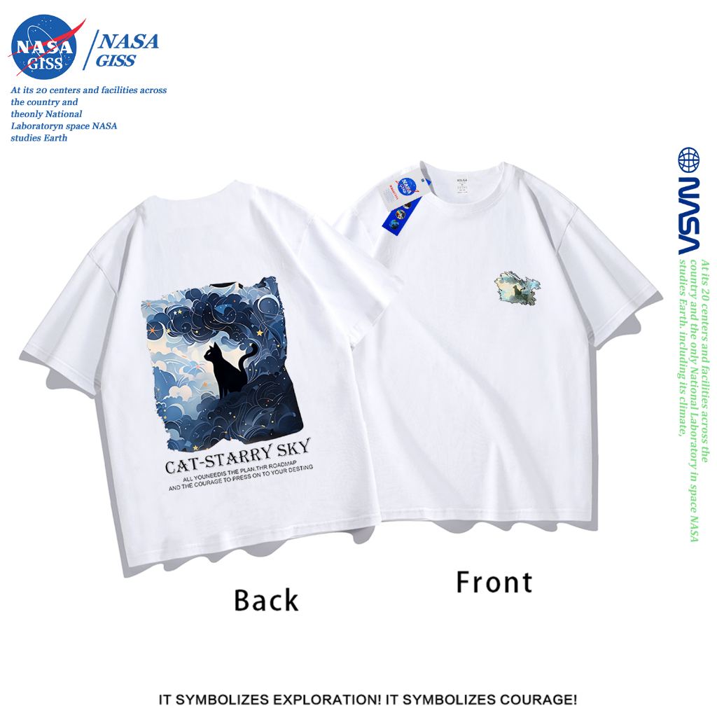 NASA เสื้อยืดชายหญิงแขนสั้น สตรีทฮิปฮอป summer แมวใต้ดวงดาว พิมพ์ลาย คอตตอน คอกล