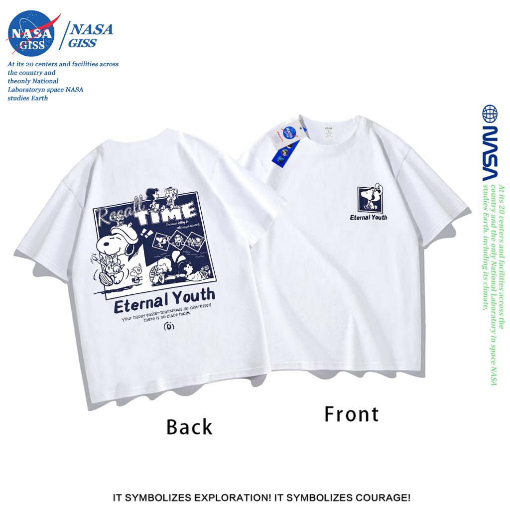 NASA เสื้อยืดชายหญิงแขนสั้น สตรีทฮิปฮอป summer การ์ตูนพีนัทส์ พิมพ์ลาย คอตตอน คอกลม หลวมและระบายอากาศ