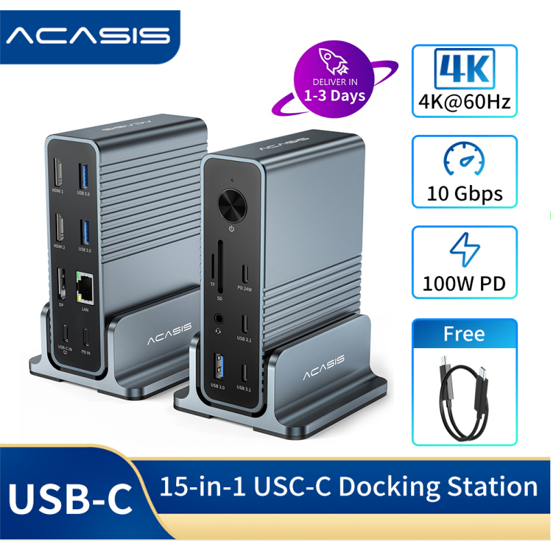 Acasis USB-C Desktop Docking Station (15-in-1)Docking Station Hub สําหรับแล็ปท็อป USB-C, 4K HDMI Display, DP 4K@60 HZ, 2*USB3.1 10GBPS, SD/TF, เสียง, RJ45 สําหรับ Mac และ Mac และ