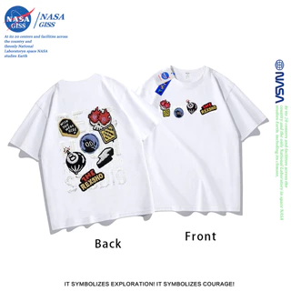 NASA เสื้อยืดชายหญิงแขนสั้น สตรีทฮิปฮอป summer แบดจ์โดปามีน พิมพ์ลาย คอตตอน คอกลม หลวมและระบายอากาศ