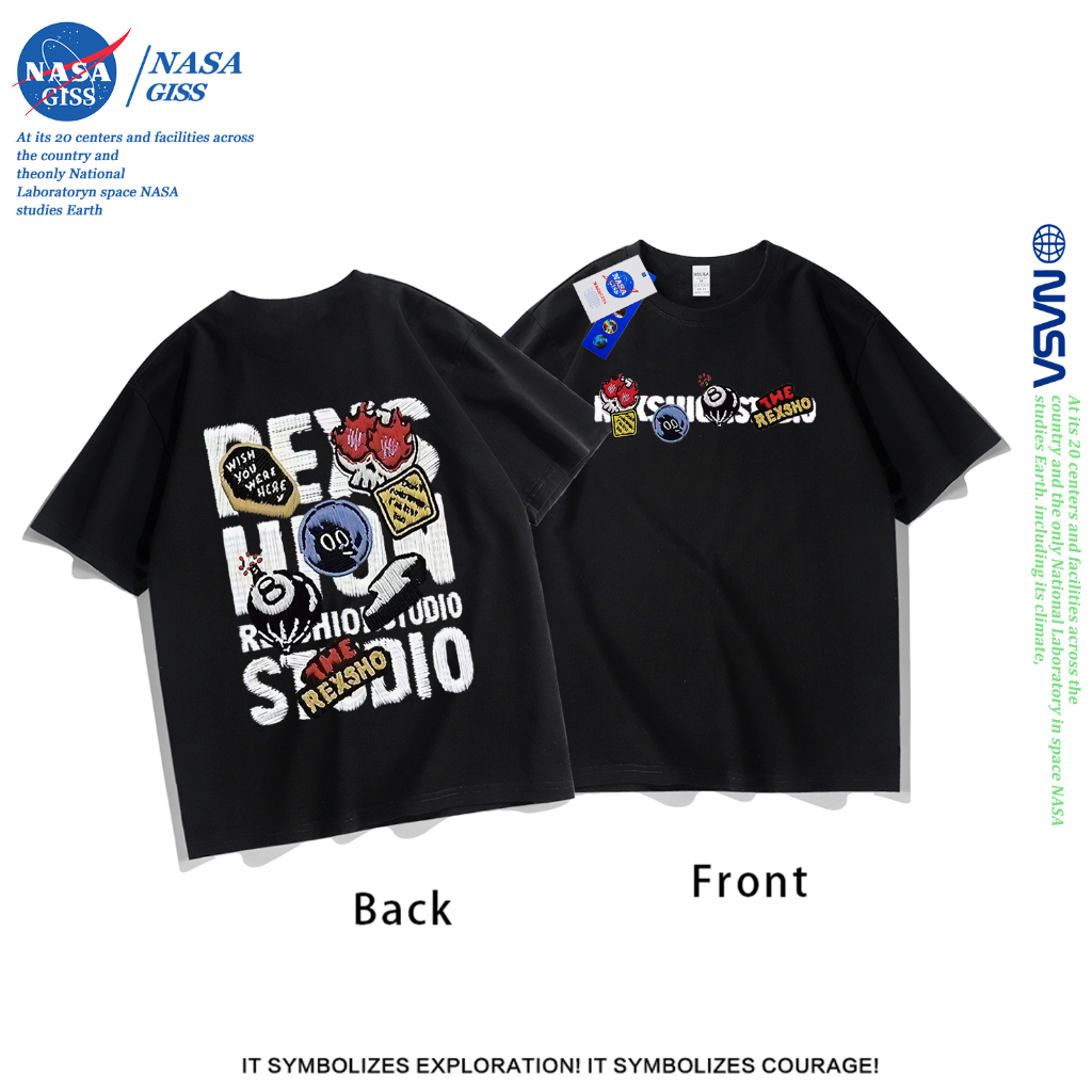 NASA เสื้อยืดชายหญิงแขนสั้น สตรีทฮิปฮอป summer แบดจ์โดปามีน พิมพ์ลาย คอตตอน คอกลม หลวมและระบายอากาศ