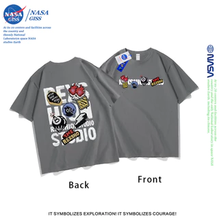 NASA เสื้อยืดชายหญิงแขนสั้น สตรีทฮิปฮอป summer แบดจ์โดปามีน พิมพ์ลาย คอตตอน คอกลม หลวมและระบายอากาศ