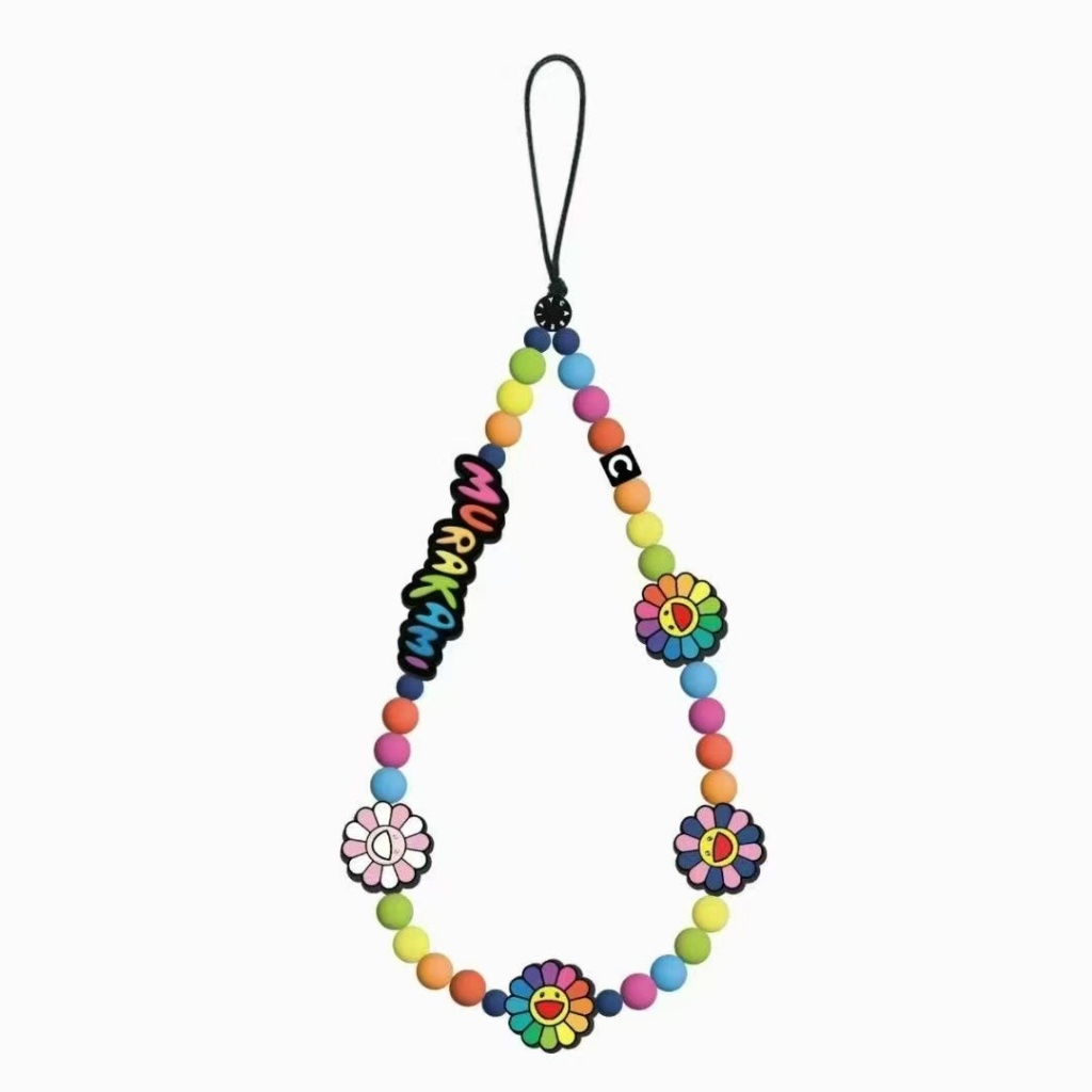 Takashi Murakami เครื่องประดับโทรศัพท์มือถือดอกทานตะวัน DIY ตัวอักษรเชือกเส้นเล็กโทรศัพท์มือถือ, เชือกคล้องข้อมือลูกปัดซิลิโคนดอกทานตะวัน