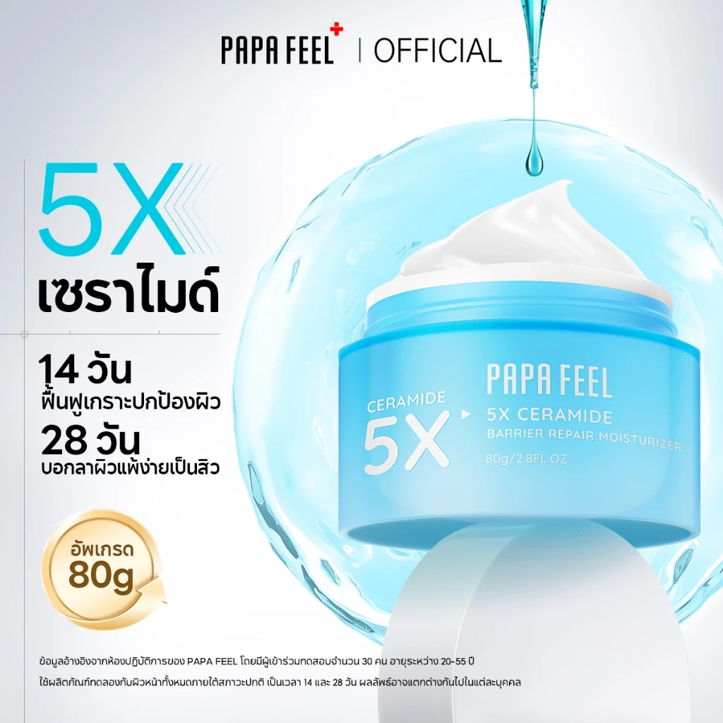 PAPA FEEL 5X Ceramide ซ่อมแซมเกราะป้องกันผิว Moisturizing Cream 80g | เหมาะสำหรับบอบบางและทุกสภาพผิว | ลดสิวและอาการระคายเคือง | และเพิ่มความยืดหยุ่นของผิว