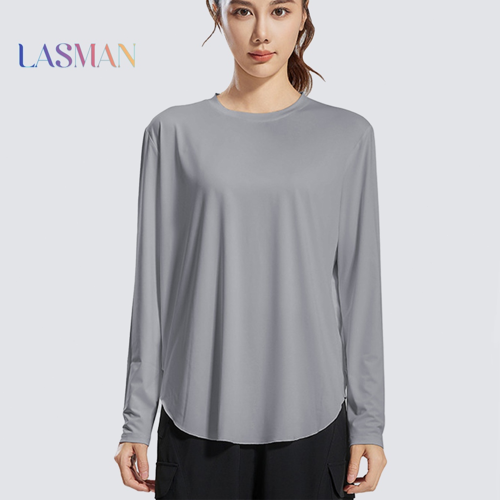 LASMAN เสื้อคอกลมแขนยาวผ้าไหมน้ำแข็งสำหรับเล่นโยคะและเล่นกีฬาระบายอากาศได้ดี-JYFC012