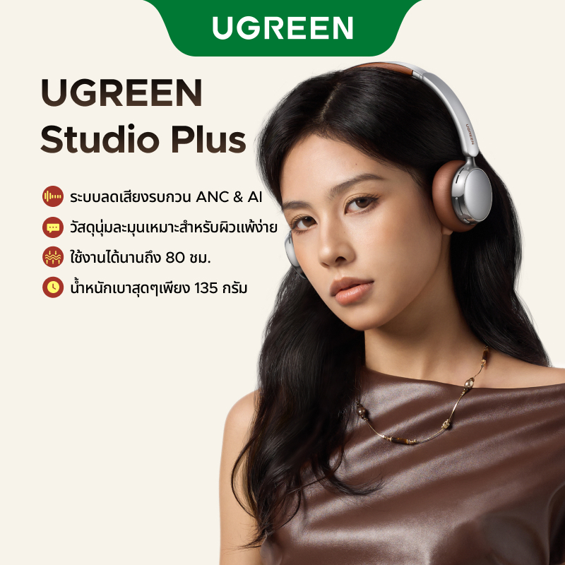 UGREEN ใหม่ Studio Plus หูฟังบลูทูธแฟชั่น ระบบตัดเสียงรบกวน ANC  หนังโปรตีน สวมใส่สบายมาก บลูทูธ 6.0