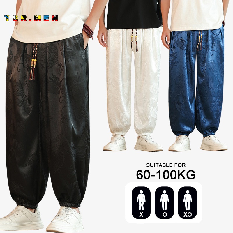 TSR.Men กางเกงขายาว 9 ส่วนชาย ขนาดใหญ่ สไตล์จีน ผ้าบางฤดูร้อน เอวยางยืด ทรงหลวมลำลอง พรางหุ่น เก็บพุงเก็บหน้าท้อง