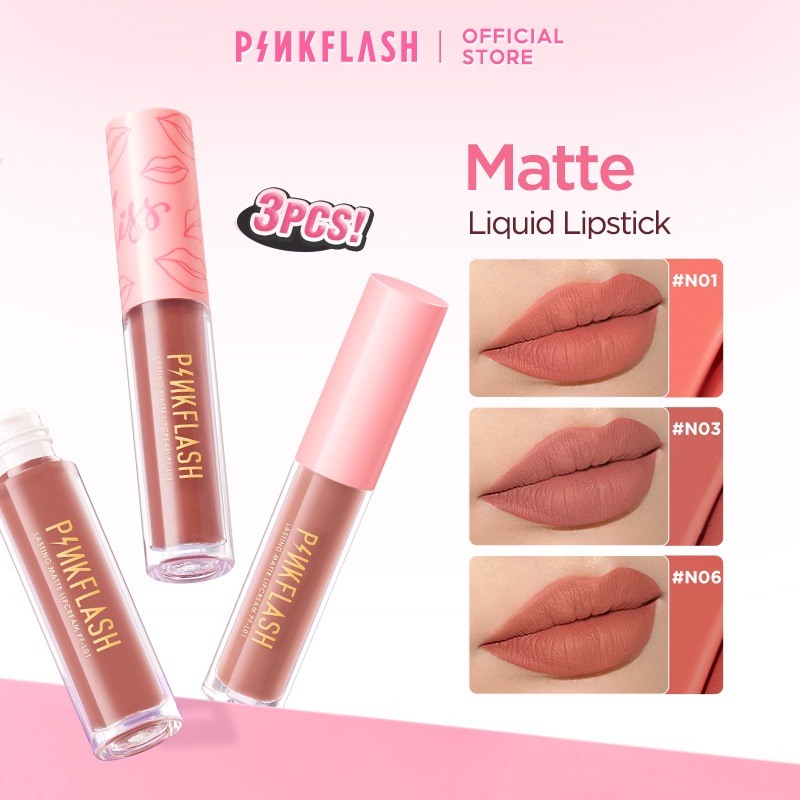 Pinkflash 3pcs ลิปสติกเนื้อแมทให้ความชุ่มชื้นติดทนนาน N01 + N03 + N06