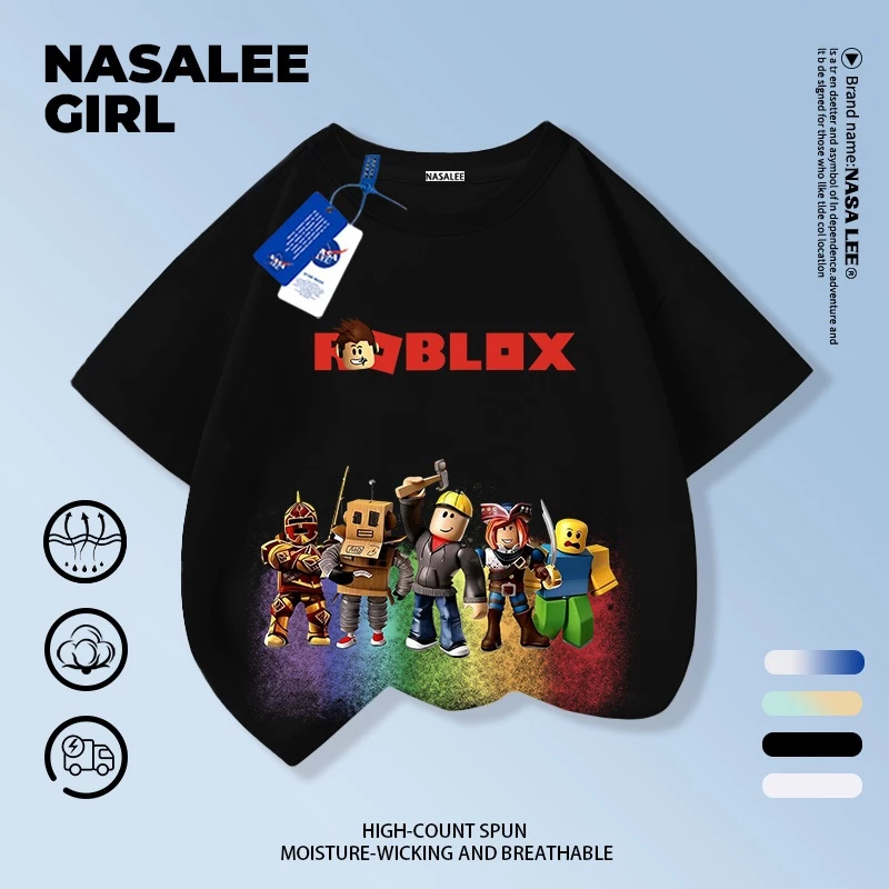 【จัดส่งทันที】เสื้อยืดเด็ก NASA สีดำ ผ้าฝ้ายระบายอากาศดี ลายตัวการ์ตูนตัวต่อ สำหรับเด็กอายุ 3-16 ปี