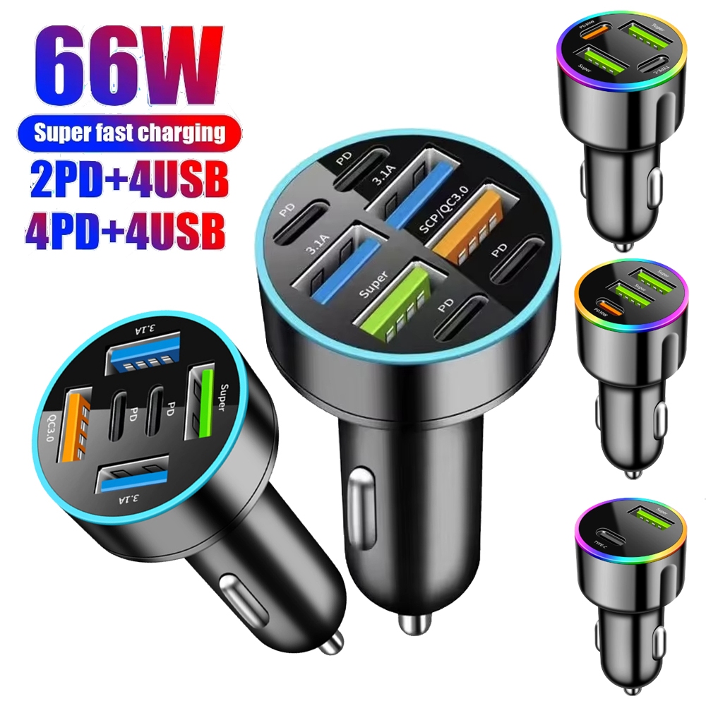 66W 8-Port Car Charger Fast Charging PD30W QC3.0 Type C อะแดปเตอร์ในรถยนต์