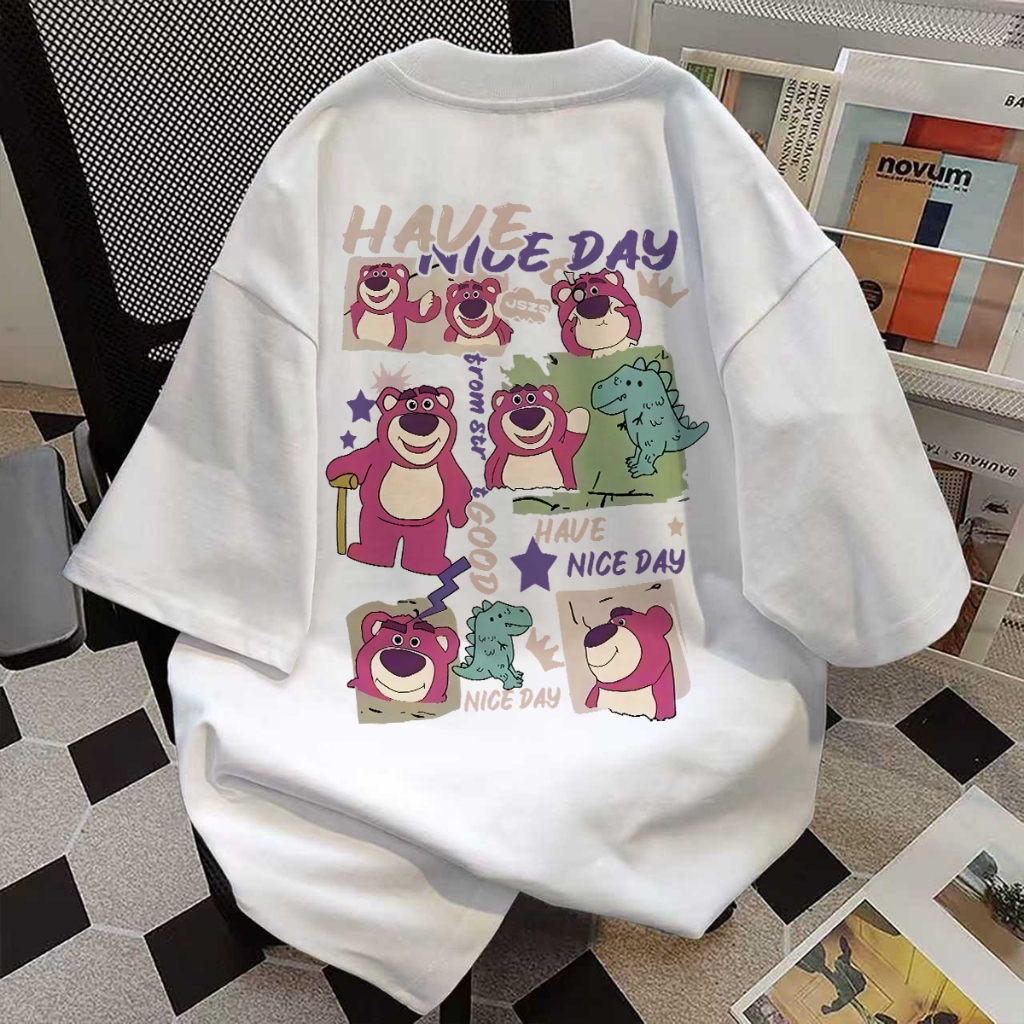 (ผ้าฝ้าย 100%) Luvoro 2025 เสื้อยืด เสื้อยืดสตรอเบอร์รี่หมี ใหม่ 2025 สีดำและขาว ไซส์ใหญ่ ผ้าฝ้ายแท้ 100% T-shirt unisex  COD ลาย เนื้อผ้านุ่มระบายอากาศดี แขนสั้น ใส่สบาย ผู้หญิง C1660 – โปรปัง