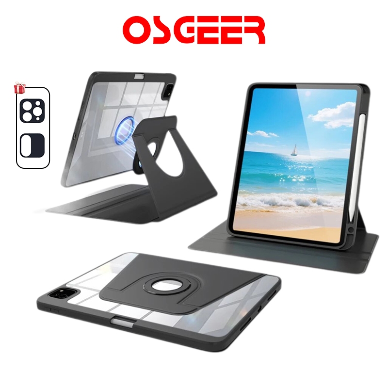 OSGEER เคสหมุนได้ 360 สําหรับ iPad (A16) 11th 10th Generation 12.9 10.9 นิ้ว, ฝาครอบแม่เหล็กที่ถอดออกได้พร้อมที่ใส่ดินสอสําหรับ iPad Air 7 6 5 4 3 M2 M3