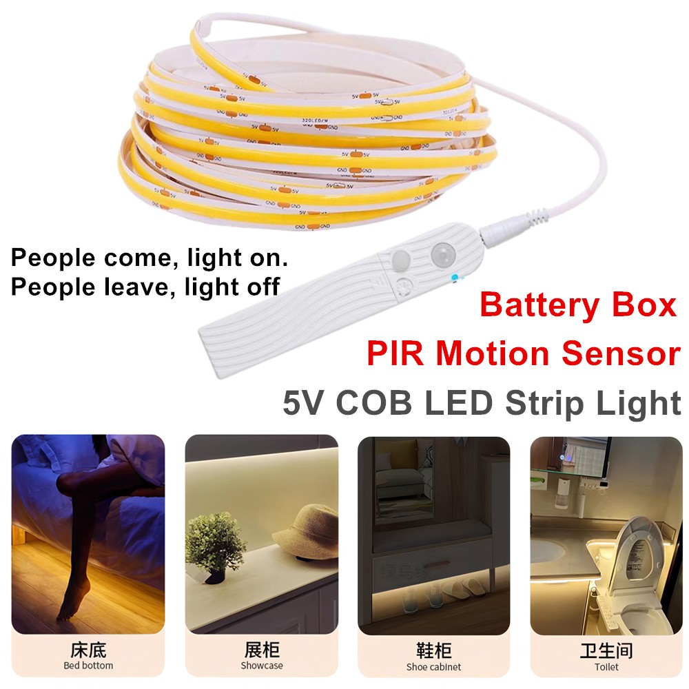 5V COB ไฟ LED Strip พร้อมเซ็นเซอร์การเคลื่อนไหว PIR,Time-Delay ปรับ,สองทางแหล่งจ่ายไฟ,แบตเตอรี่ขับเคลื่อน (ไม่มีแบตเตอรี่),ใช้กว้างสําหรับห้องนอนภายใต้ตู้ครัว DIY