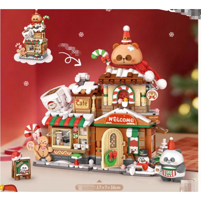 Panda Tea House หมีน้อย Coffee House Street View Series Building Blocks ของเล่นของขวัญคริสต์มาส