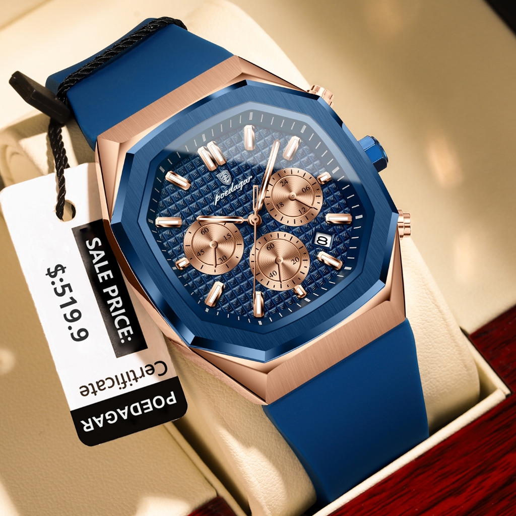 POEDAGAR Original นาฬิกาสําหรับผู้ชายกันน้ํา Luminous Chronograph Date Man นาฬิกาข้อมือสายรัดซิลิโคนควอตซ์นาฬิกาผู้ชาย - รูปที่ 7