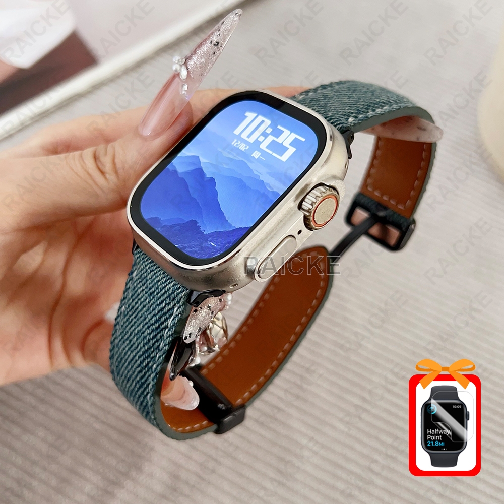 ผ้า Denim สายนาฬิกาสายคล้องคอสําหรับ iWatch Series 11/10/9/8/7/6/5/4/3/SE Ultra 2 49mm 46mm 44mm 45mm 41mm 42mm 40mm 38mm