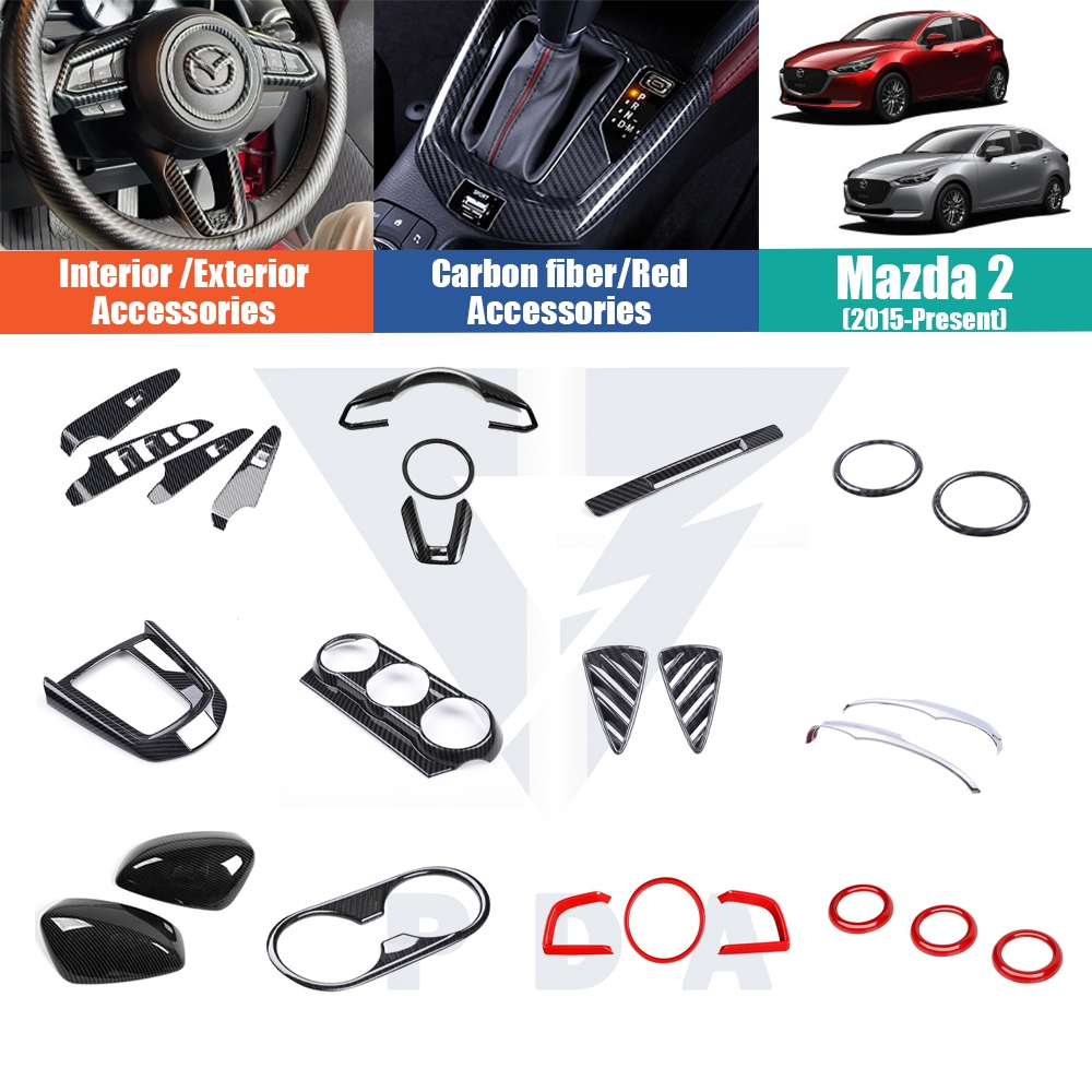Mazda 2 DJ (2015-NEW) แผงพวงมาลัยคาร์บอนไฟเบอร์/สีแดง/สีดำเงา แผงช่องแอร์ และอุปกรณ์ตกแต่งภายในและภายนอก