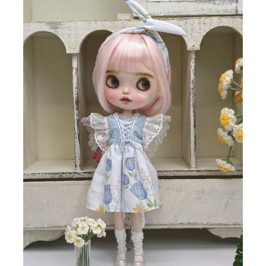 Blythe Small Ragdoll เสื้อผ้าเด็ก Blue Dress Doll Accessories