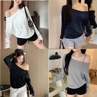 【WJZ】เสื้อยืดแขนยาวสีทึบแฟชั่นเซ็กซี่ของผู้หญิง【6958】