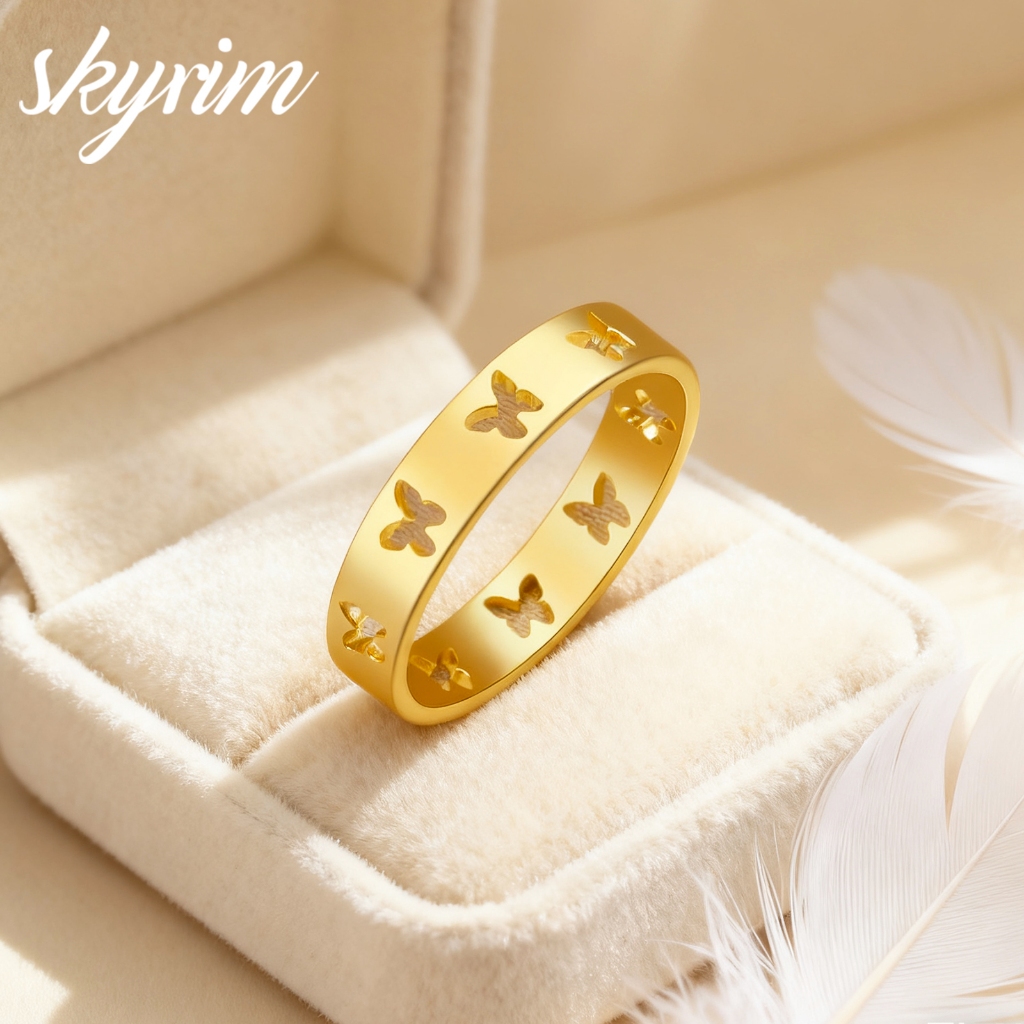 .SKRYIM แหวนผีเสื้อแฟชั่นMinimalist ทองคำแท้อัดฟันผู้หญิง