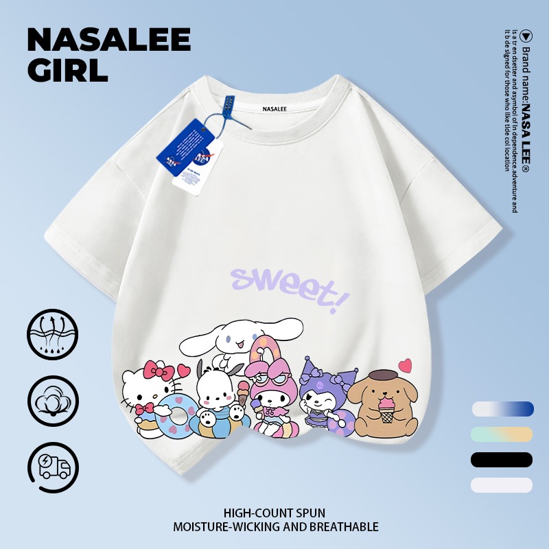 【จัดส่งทันที】เสื้อยืดเด็ก NASA สีขาว ผ้าฝ้ายระบายอากาศดี ลายคินาโคโรม (Cinnamoroll) สำหรับเด็กอายุ 3-16 ปี