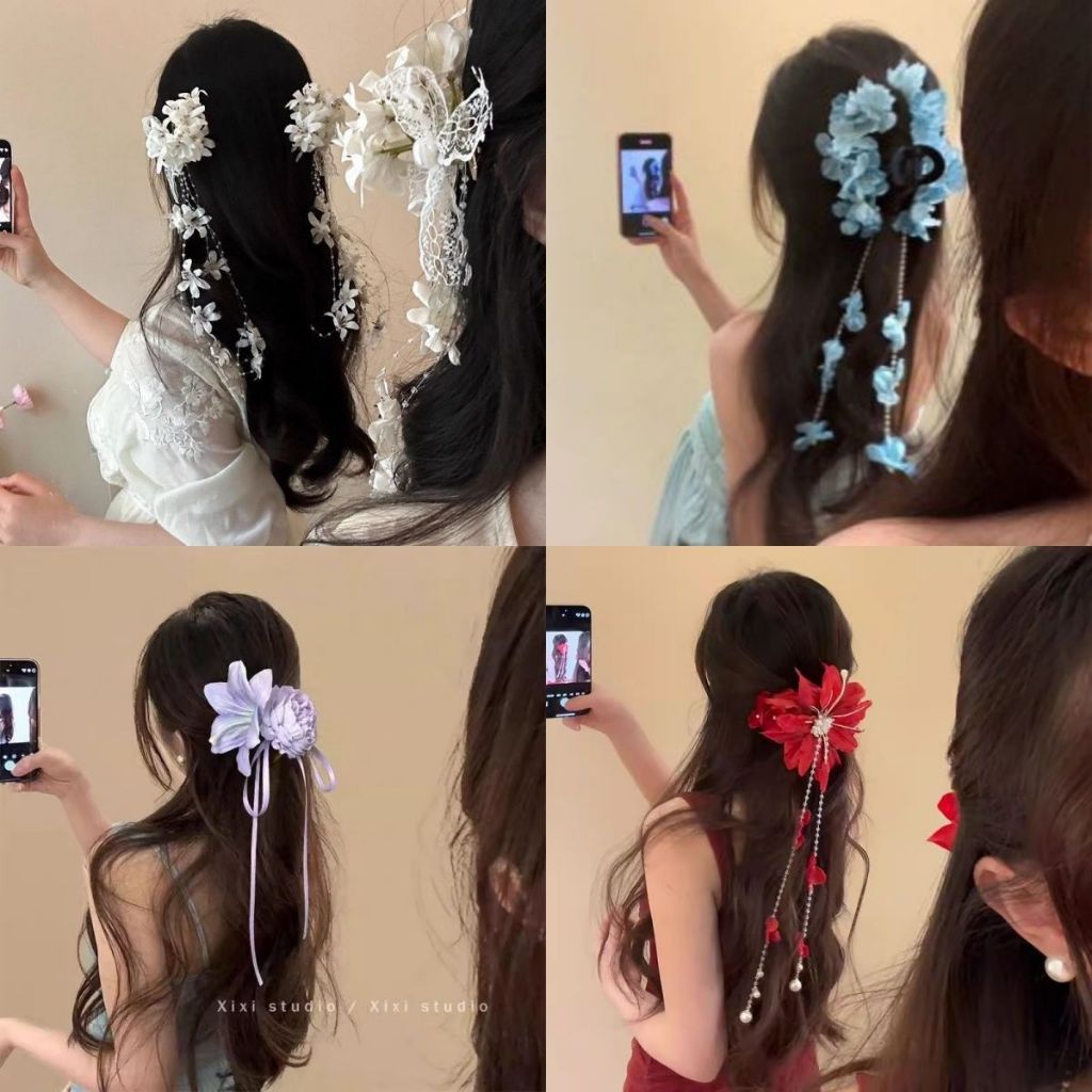 พู่กิ๊บติดผมลายดอกไม้สีแดง สไตล์หรูหรา สำหรับเสริมความสวยงามของเส้นผม