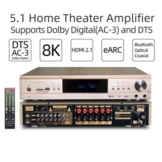 5.1 เครื่องขยายเสียงโฮมเธียเตอร์ HDMI2.1 eARC HD 8K3D รองรับ Dolby Digital AC-3/DTS Optical/Coaxial อิสระ 6 ช่อง,สมาร์ททีวี/กล่องทีวี/บลูทูธ/USB Lossless Music Speaker Power Amp