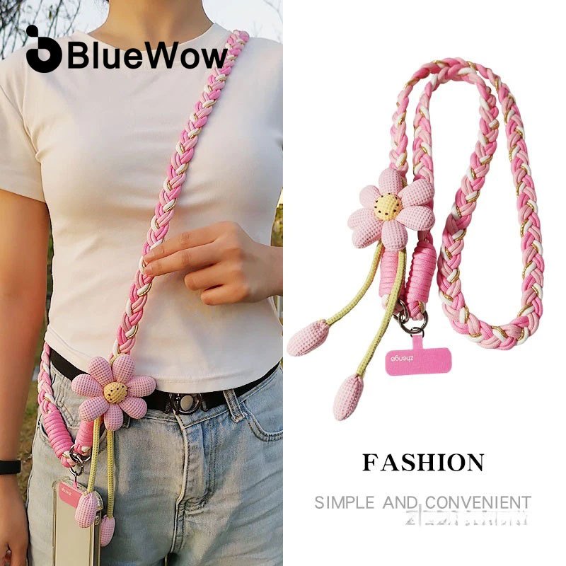 BlueWow เชือกเส้นเล็กโทรศัพท์มือถือ Cross-body ยาวสไตล์อินดอกไม้เชือกทอมือแข็งแรงทนทานกลางแจ้ง Anti-lost เชือก
