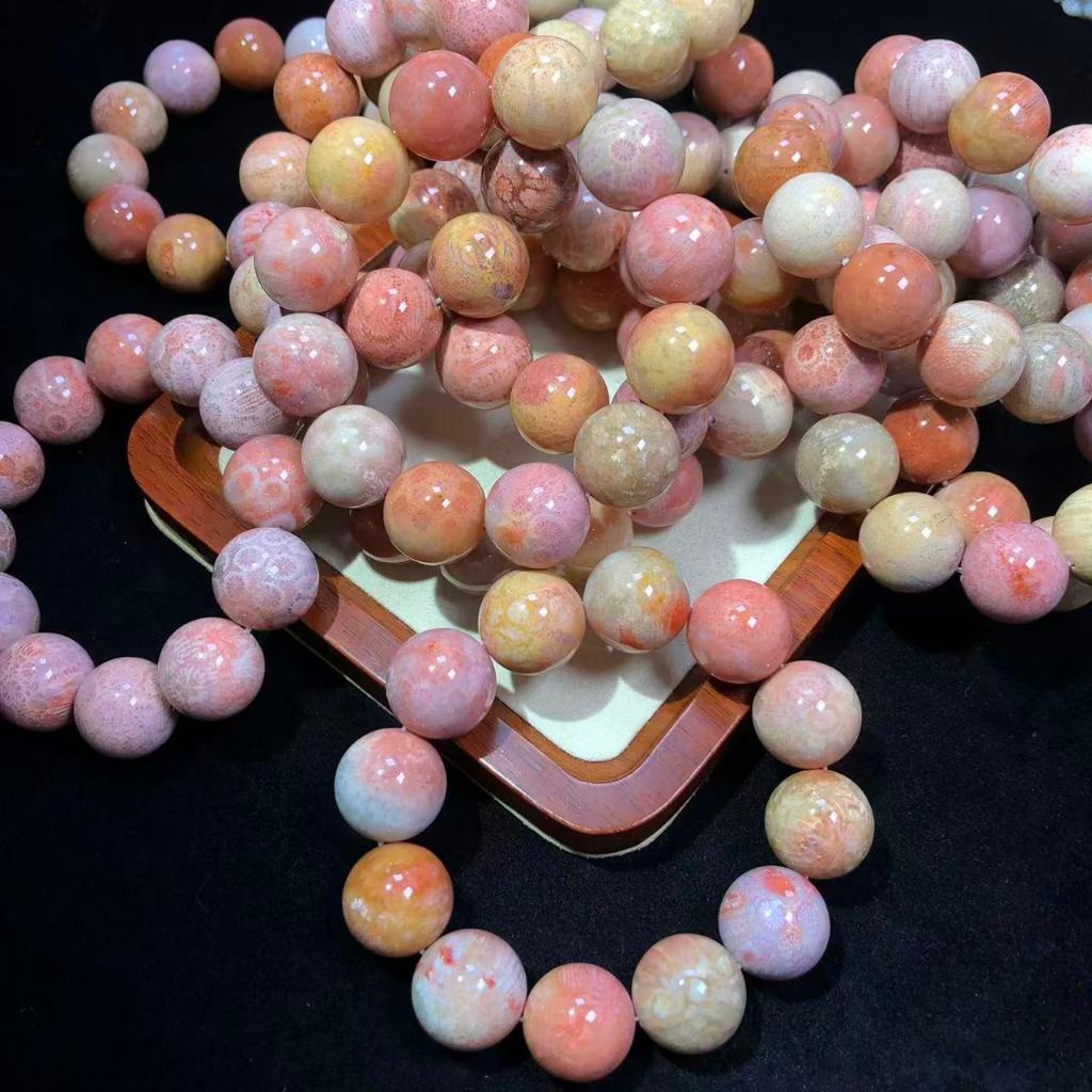 สร้อยข้อมือลูกปัดธรรมชาติปะการังหยกฟอสซิล ขนาดใหญ่ 19.3 มม.