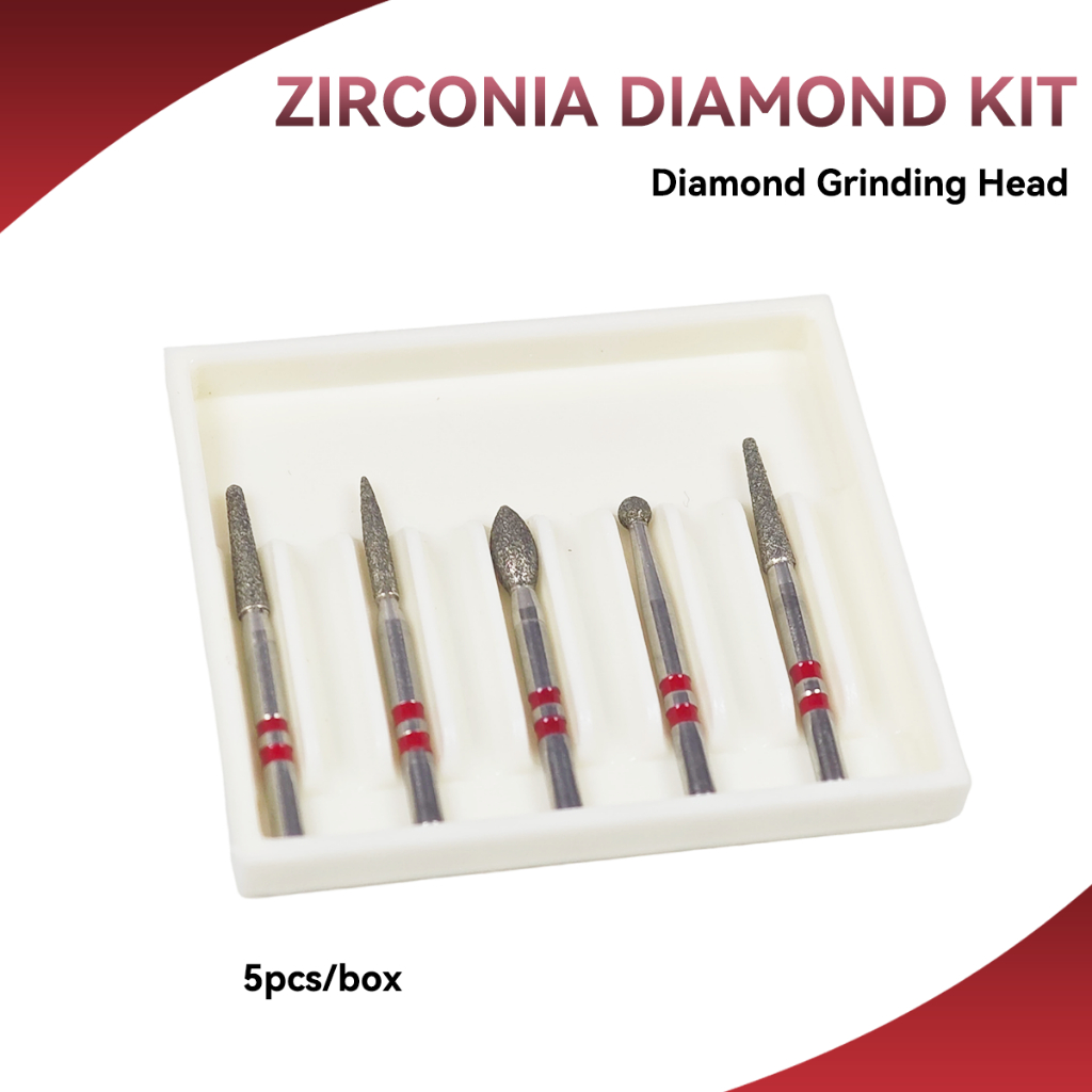 Dental Zirconia Diamond Bur ชุด 5 ชิ้น/กล่อง Double-Layer Sand-Plated Double Red Zirconia ซ่อมขัด FG1.6 มม.