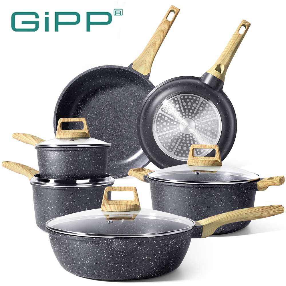 GiPP 10 ชิ้นชุด Non Stick กระทะชุดเครื่องครัว Kawali กระทะหม้อเคลือบเซรามิคสําหรับเตาทั้งหมด