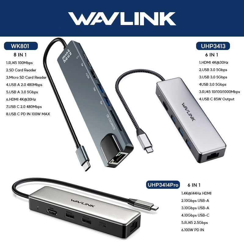WAVLINK USB C HUB พร้อม 2x10Gbps USB3.1-A, 10Gbps USB3.1-C, 4K HDMI, 100W PD IN, 2.5G RJ45 สําหรับ MacBook Pro/Air Windows
