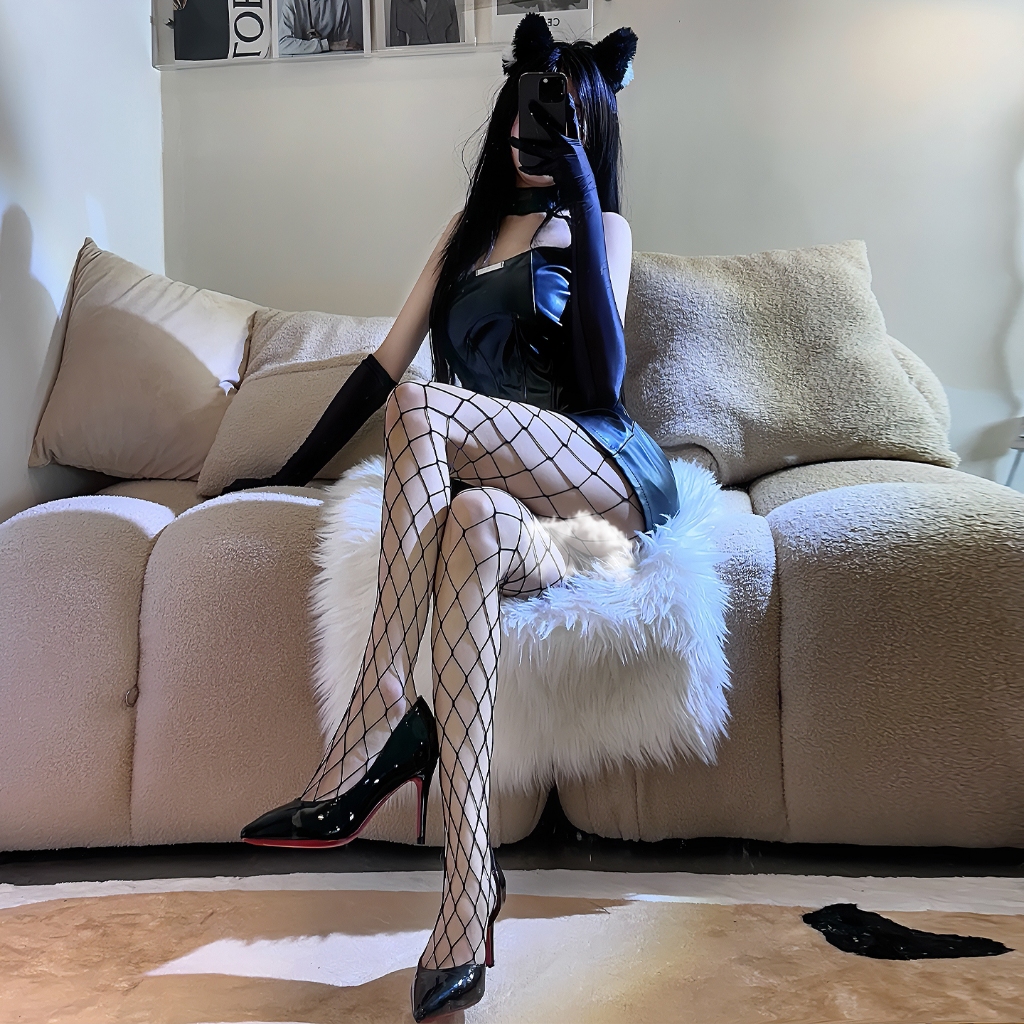 สตรีเอวสูงลายเก๋ Fishnet Tights Suspenders Pantyhose ถุงน่องสูงสีดำ - รูปที่ 4